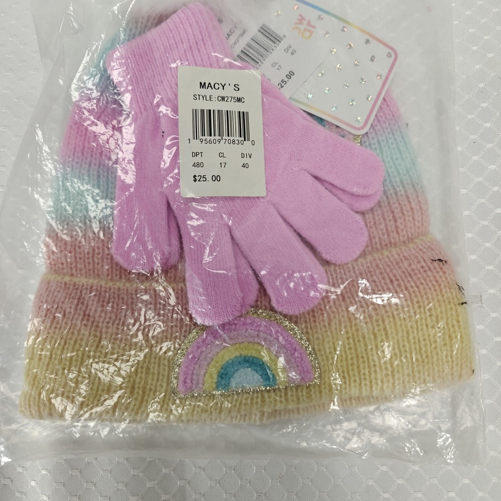Macys Rainbow Sugar Girls Hat Glove Set‎ Rainbow PomPom Hat Pink Gloves NWT
